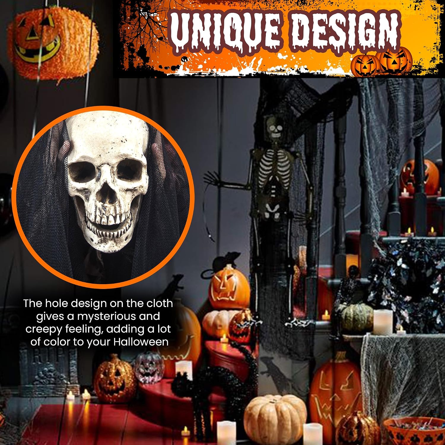 (48 x 240 in.) Halloween Creepy Cloth, Spooky Giant Cheese Cloth Tapestry for Halloween Party Supplies Decorations Outdoor Yard Home Wall Decor, Black