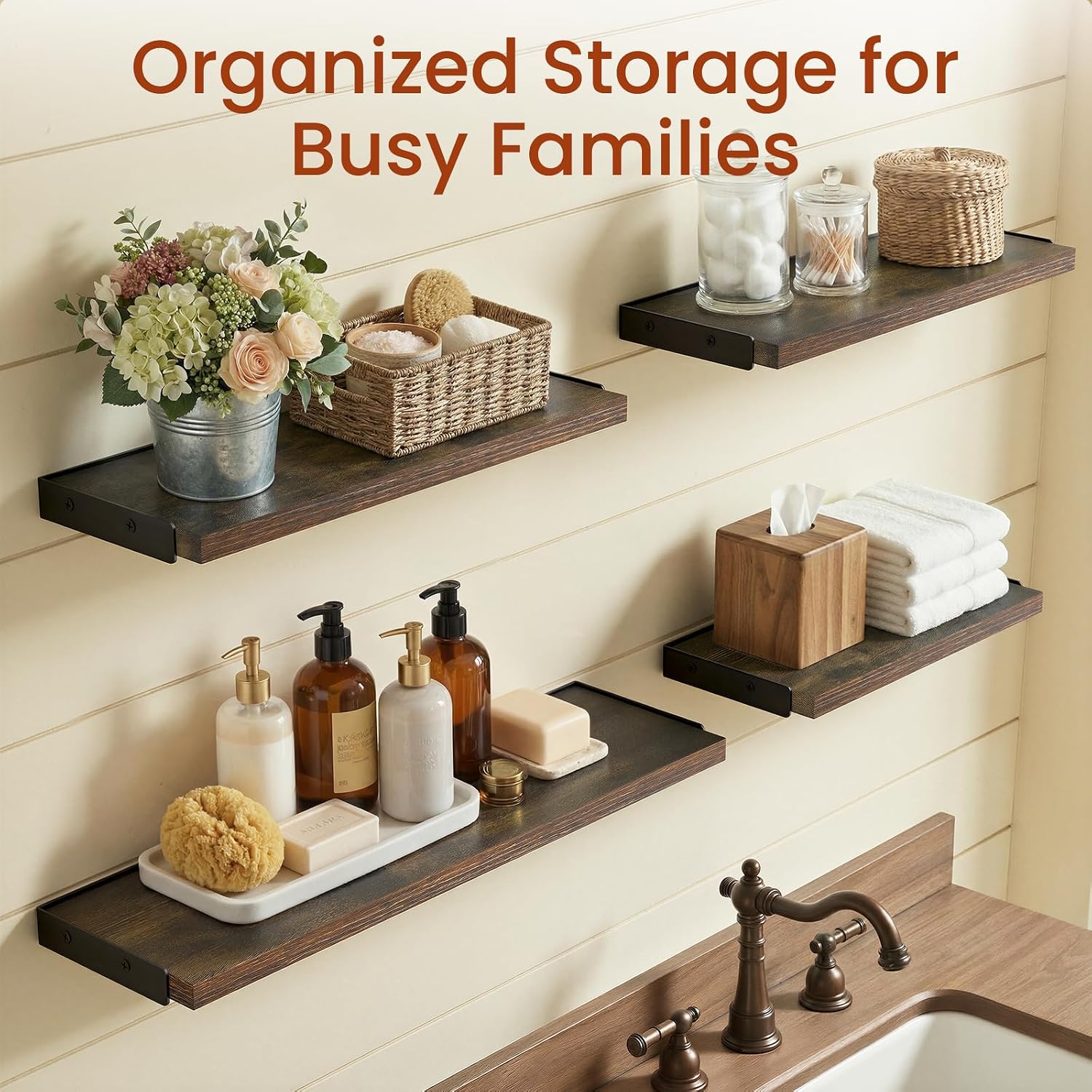 BAYKA Wall Mounted Floating Shelves (Rustic Brown, Set of 4, 16" Mixed)