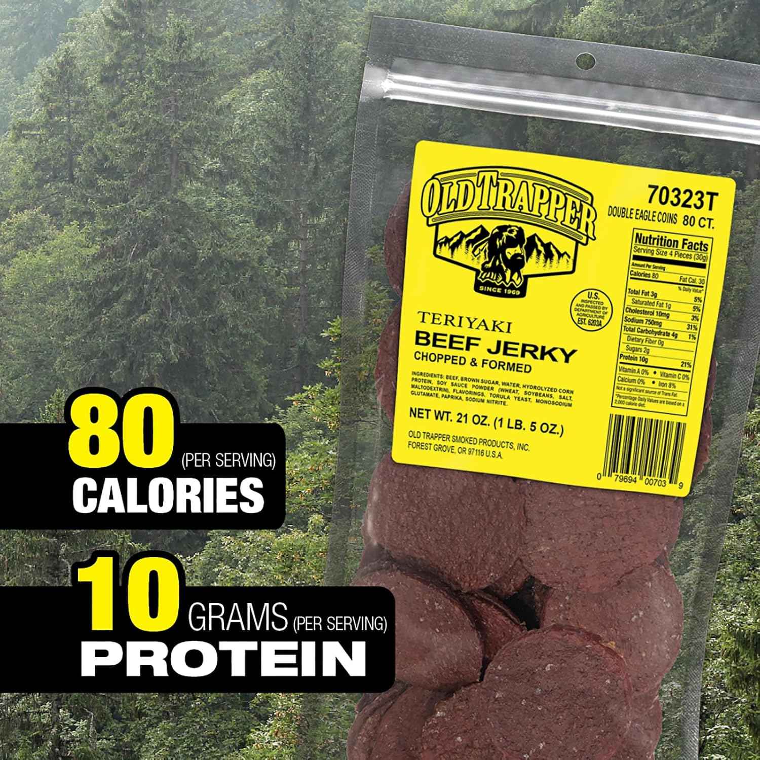 Old Trapper Double Eagle Beef Jerky, Teriyaki Flavor, 21 Ounce Package, Natural Wood Smoked Meat Snacks, 10 Grams of Protein and 80 Calories per Serving (Pack of One)