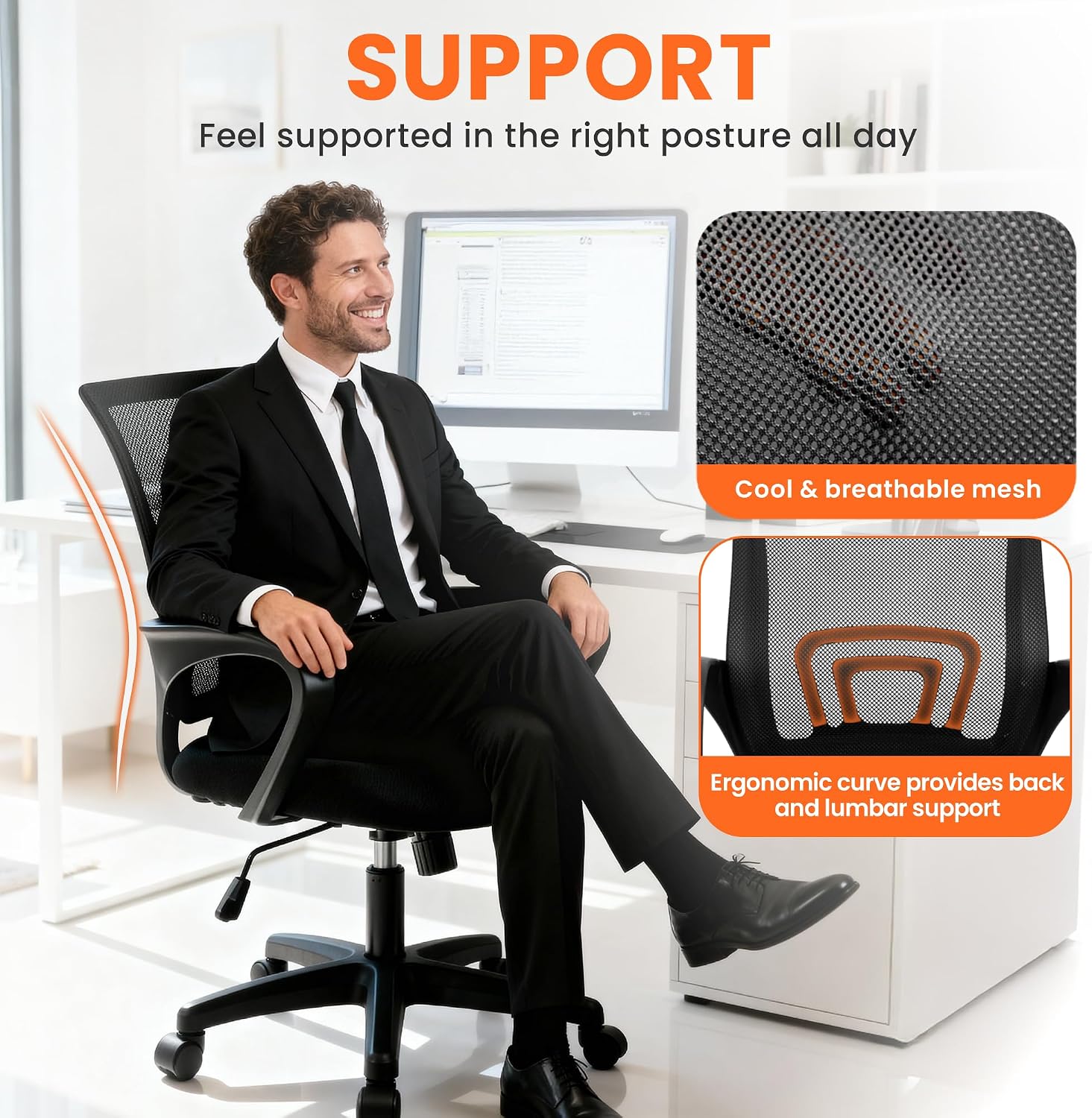 NEO CHAIR Office Computer Chair Ergonomic Mid-Back Mesh Desk Chair, Black