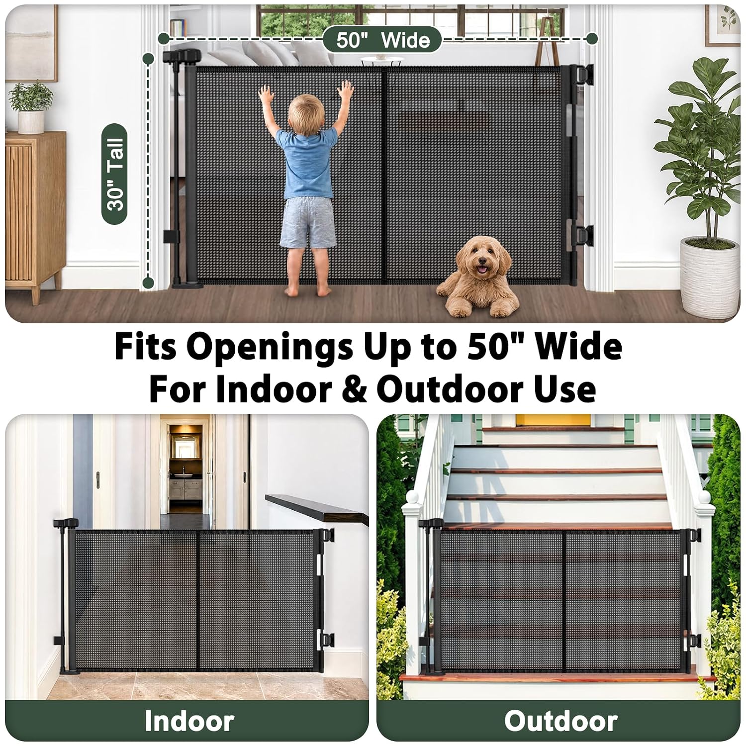 KISKIZ Reinforced 50" Wide Retractable Baby Gates, Prevent Crawling Under