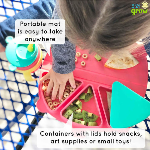 Silicone On-The-Go Snack Mat – Foldable Reusable Placemat with 3 Compartments and Lids – Travel-Friendly Baby and Toddler Snack Plate – Dishwasher Safe (Watermelon)