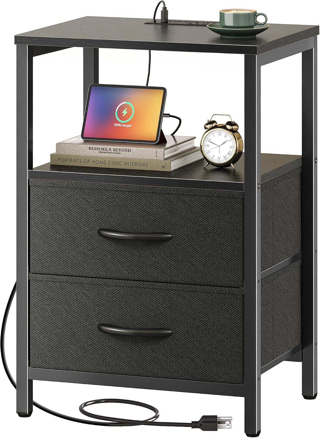 Huuger Nightstand with Charging Station, Side Table with Fabric Drawers