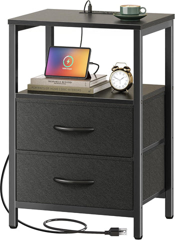 Huuger Nightstand with Charging Station, Side Table with Fabric Drawers