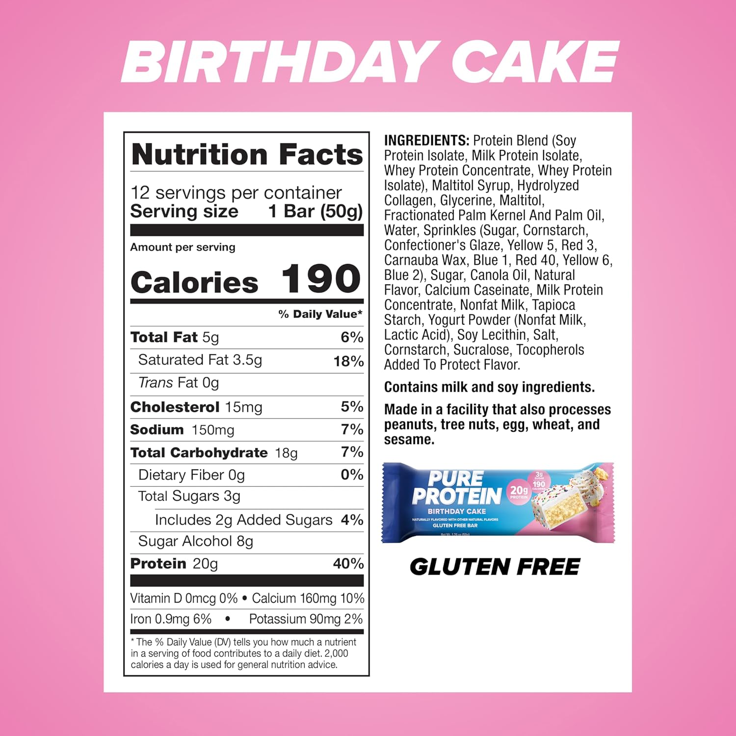 Pure Protein Birthday Cake Protein Bars, 20g Protein, Gluten Free, 12 Ct | 3g Sugar, 190 Calories, Low Sugar* High Protein Snack