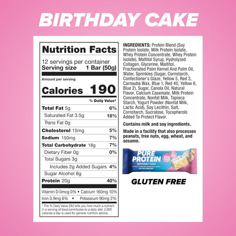 Pure Protein Birthday Cake Protein Bars, 20g Protein, Gluten Free, 12 Ct | 3g Sugar, 190 Calories, Low Sugar* High Protein Snack