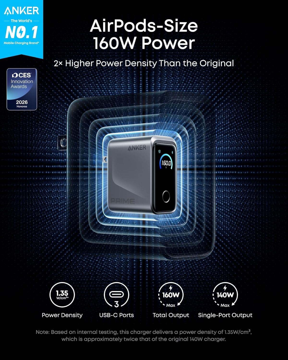 Anker Prime Charger, 160W Max 3-Port GaN Charger, for MacBook Pro Charger