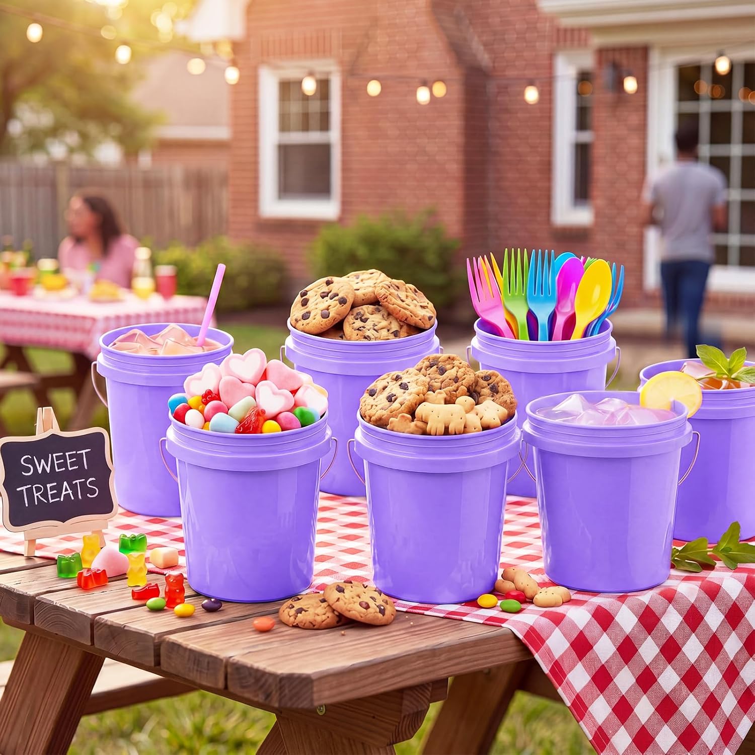 Hushee 12 Pcs Mini Plastic Buckets with Lids, 0.4 Quart, Purple