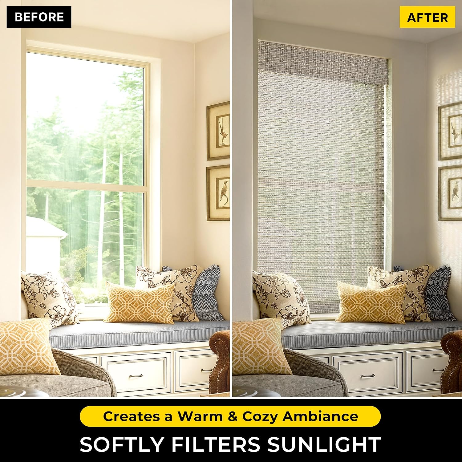 UNISHADES Bamboo Roman Shades w/Valance, 20" W × 64" H, Greystone