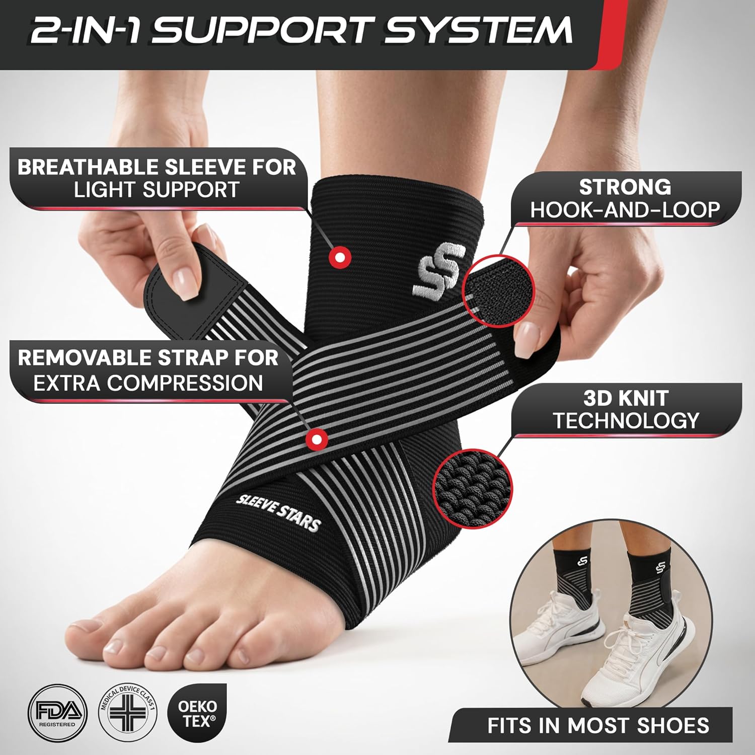 Sleeve Stars Ankle Brace Men & Women Support (Pair/M:10"-12"/Black)
