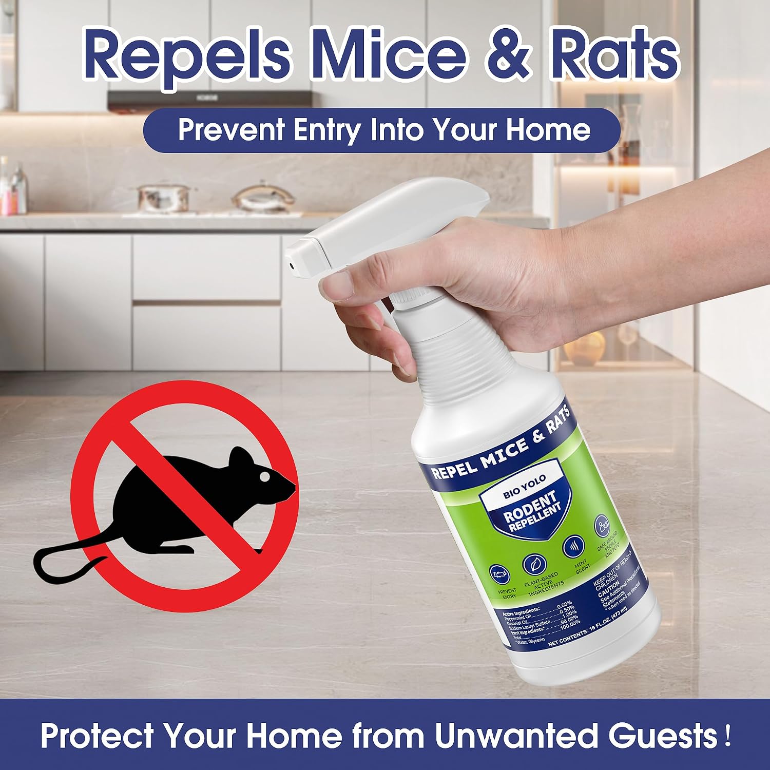 Rodent Repellent Spray– Effective Natural Peppermint Formula Repel Mice, Rats, Squirrels, and Rodents. Safe for Indoor, Outdoor, and Car Engines. Safe for People and Pets. (1, Rodent 16oz)