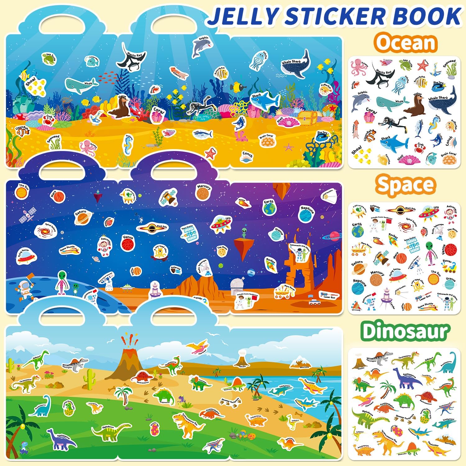 6 Sets Reusable Sticker Book for Toddlers 3-6, Jelly Stickers Book for Kids, Travel Sticker Activity Toys for Childs 3 4 5 6 Years Girls & Boys Best Gifts