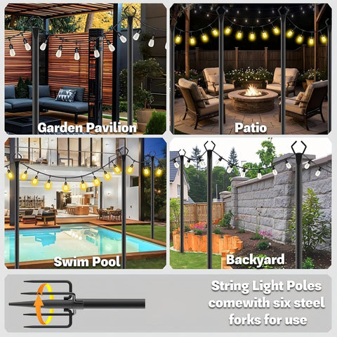 4 Pack 10 ft Heavy Duty Metal String Light Poles Adjustable Outdoor Lighting Stand for Patio,Backyard,Garden,Party & Wedding Rustproof & Sturdy with Hooks