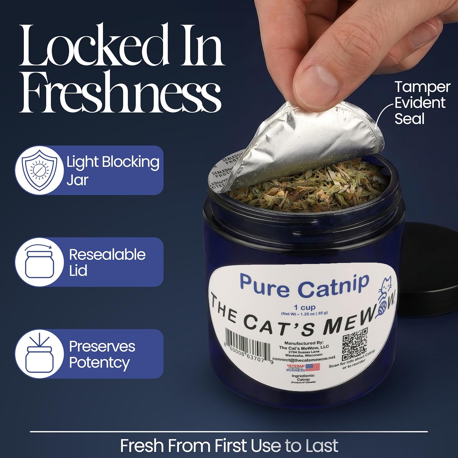 The Cat's MeWow 100% Pure Catnip – North American Grown – Strong Aroma for Play & Enrichment – Resealable Freshness Jar – Veteran-Owned Brand