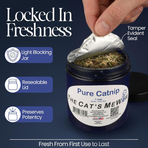 The Cat's MeWow 100% Pure Catnip – North American Grown – Strong Aroma for Play & Enrichment – Resealable Freshness Jar – Veteran-Owned Brand