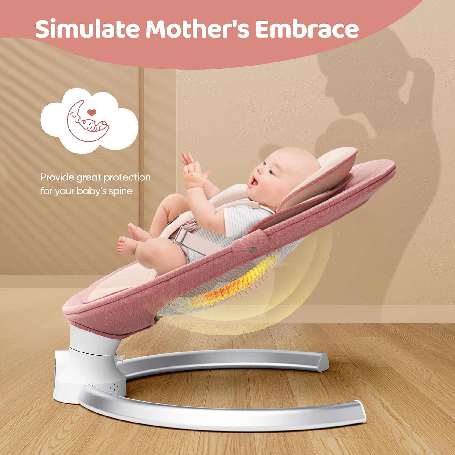 Baby Swing for Infants - Electric Baby Rocker with Exclusive App Function, Upgraded 5 Point Harness, Bluetooth Support, 10 Preset Lullabies and 5 Speeds, Portable Swing for Baby Boy Girl（Pink）