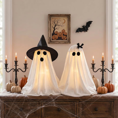 Halloween Decorations Light-Up Ghosts with Witch Hats, Indoor Ghost Decor