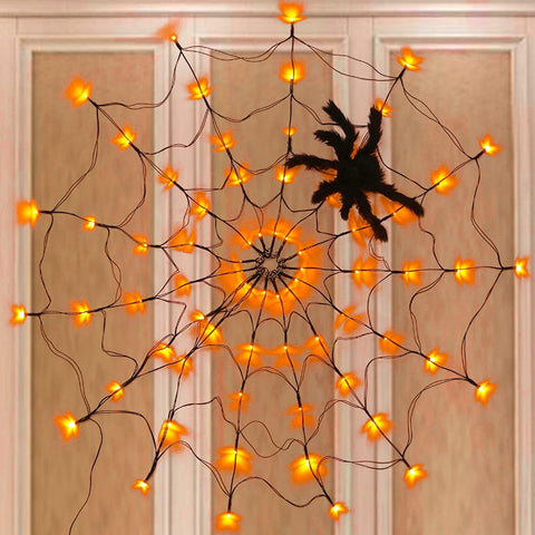 FUNPENY Halloween 80 LED Orange Spider Web Lights with Spider, Battery Powered 8 Modes Light up Cobweb Halloween Decorations for Indoor Ourdoor Garden Yard Home Patio (Orange)