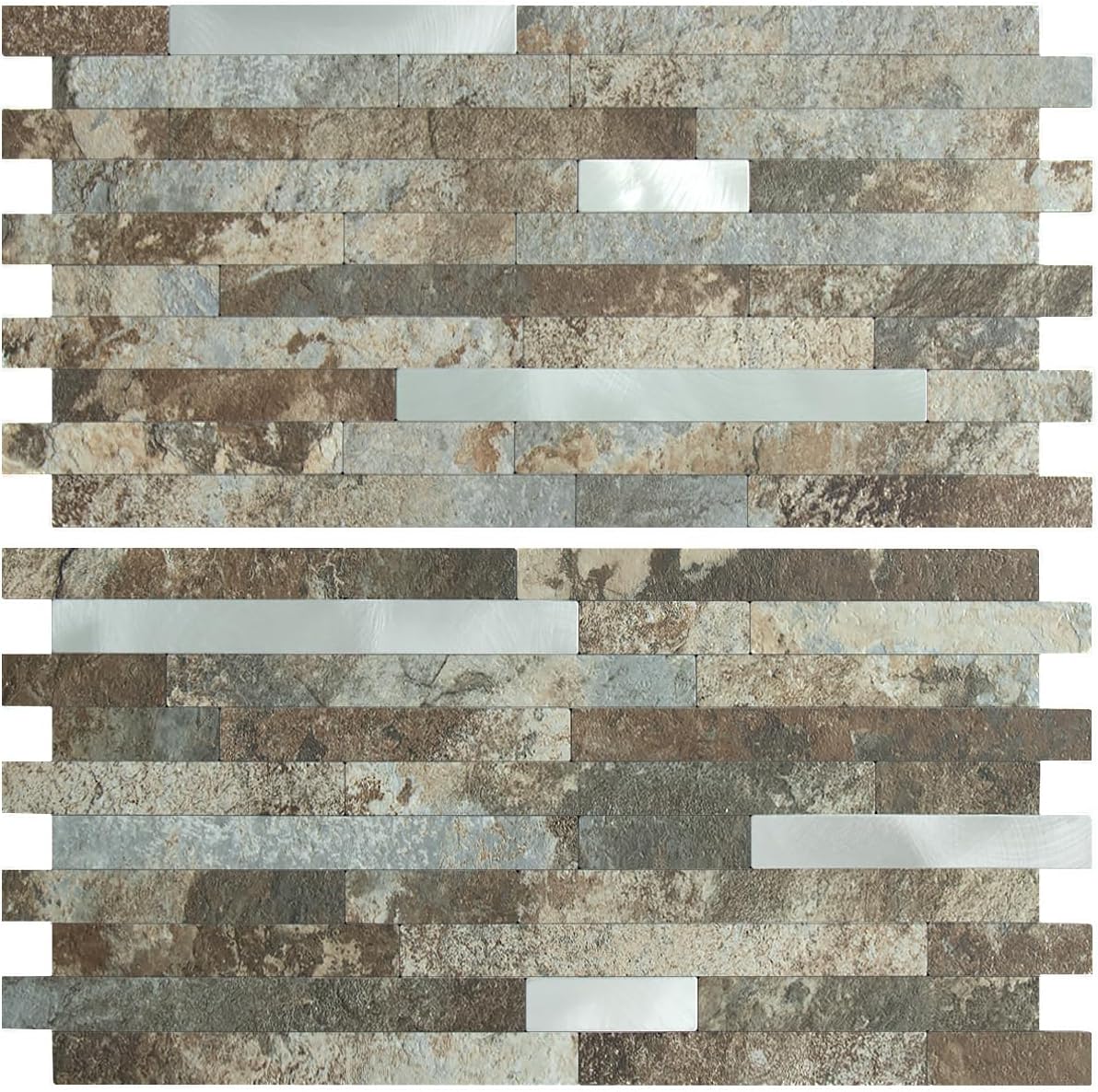 AULIGET 2 Sheets Beige & Brown Slate Peel and Stick Backsplash, PVC Mixed Metal Silver Wall Tile Stick on Backsplash for Kitchen and Bathroom