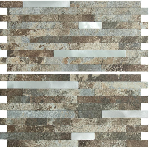 AULIGET 2 Sheets Beige & Brown Slate Peel and Stick Backsplash, PVC Mixed Metal Silver Wall Tile Stick on Backsplash for Kitchen and Bathroom