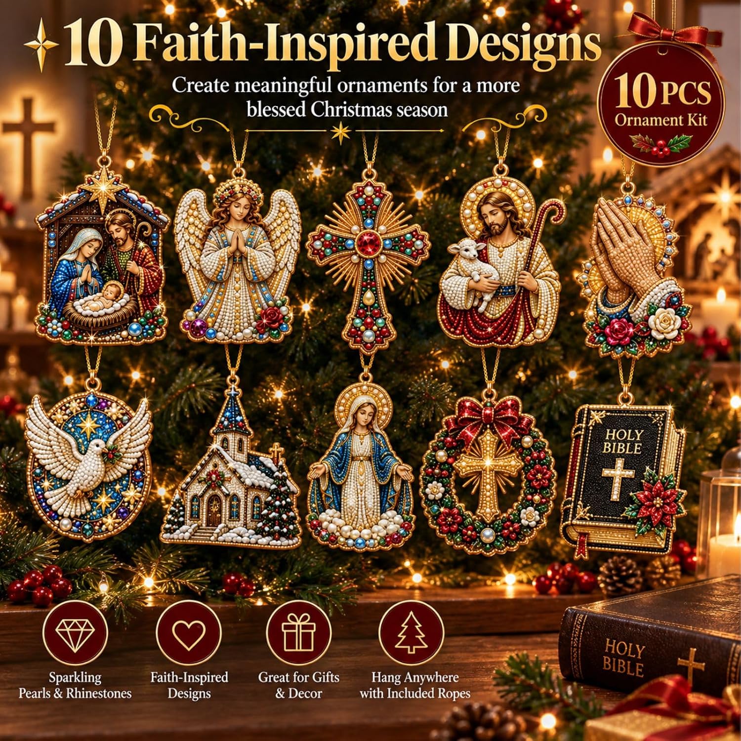 10PCS Christmas Pearl Diamond Painting Hanging Ornament Art Kit for Adults