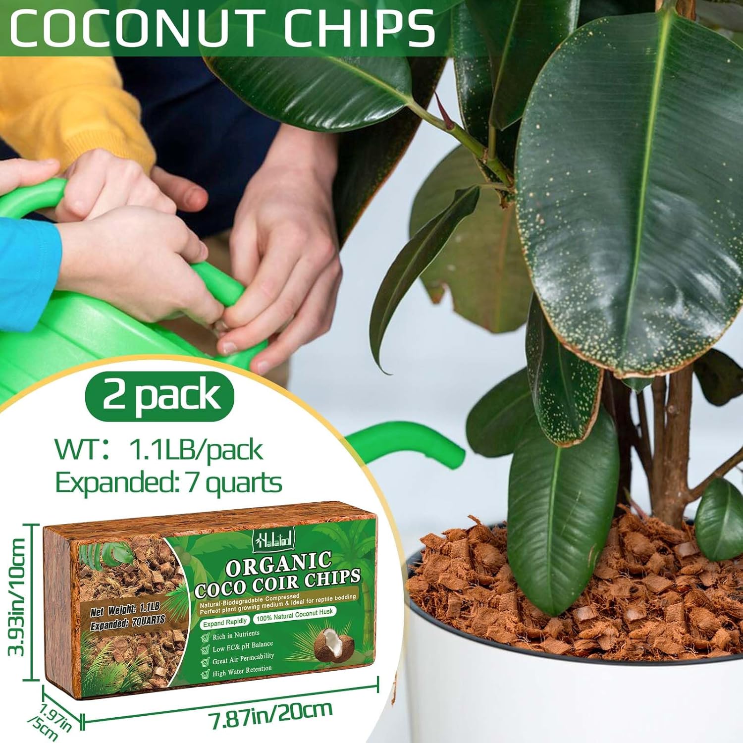 Halatool 2 Pcs Coco Husk Chips for Plants - 2.2 LB 100% Organic Coconut Coir Chips with Low EC and pH Balanced, Compressed Coco Substrate Growing Mulch Medium for Landscaping, Herbs, Plants, Flowers