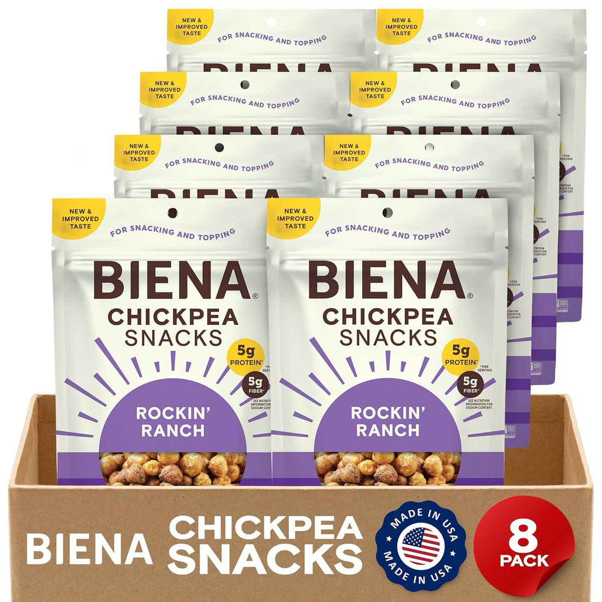 BIENA Chickpea Snacks - Crunchy Roasted Chickpeas - High Fiber Vegan Protein Snacks for Adults and Kids - 8-Pack, 5 Ounce Bags - Rockin’ Ranch