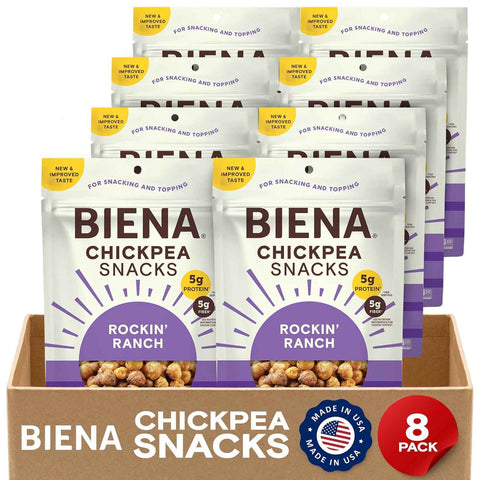 BIENA Chickpea Snacks - Crunchy Roasted Chickpeas - High Fiber Vegan Protein Snacks for Adults and Kids - 8-Pack, 5 Ounce Bags - Rockin’ Ranch