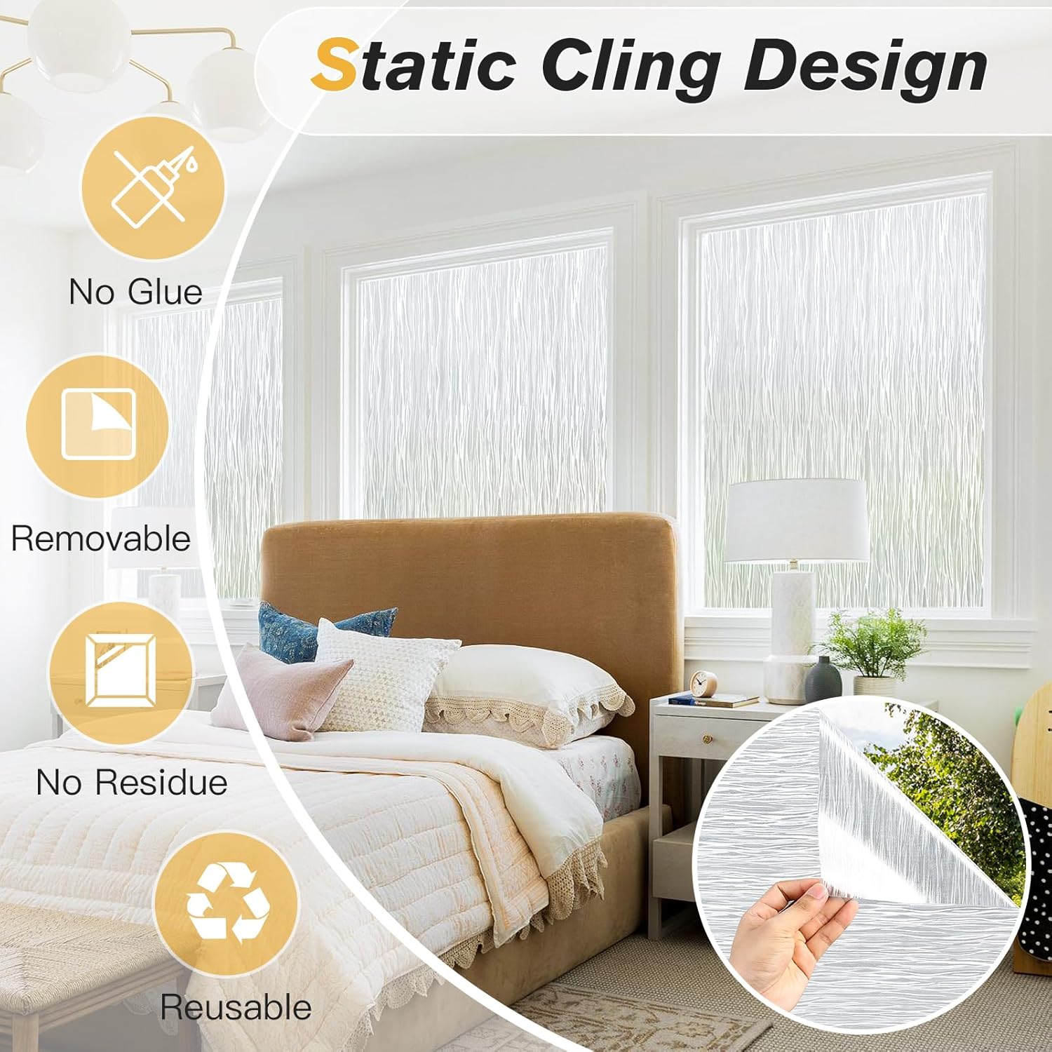 Haton Window Privacy Film, Frosted Glass Non-Adhesive Film, 17.5" x 118.1"