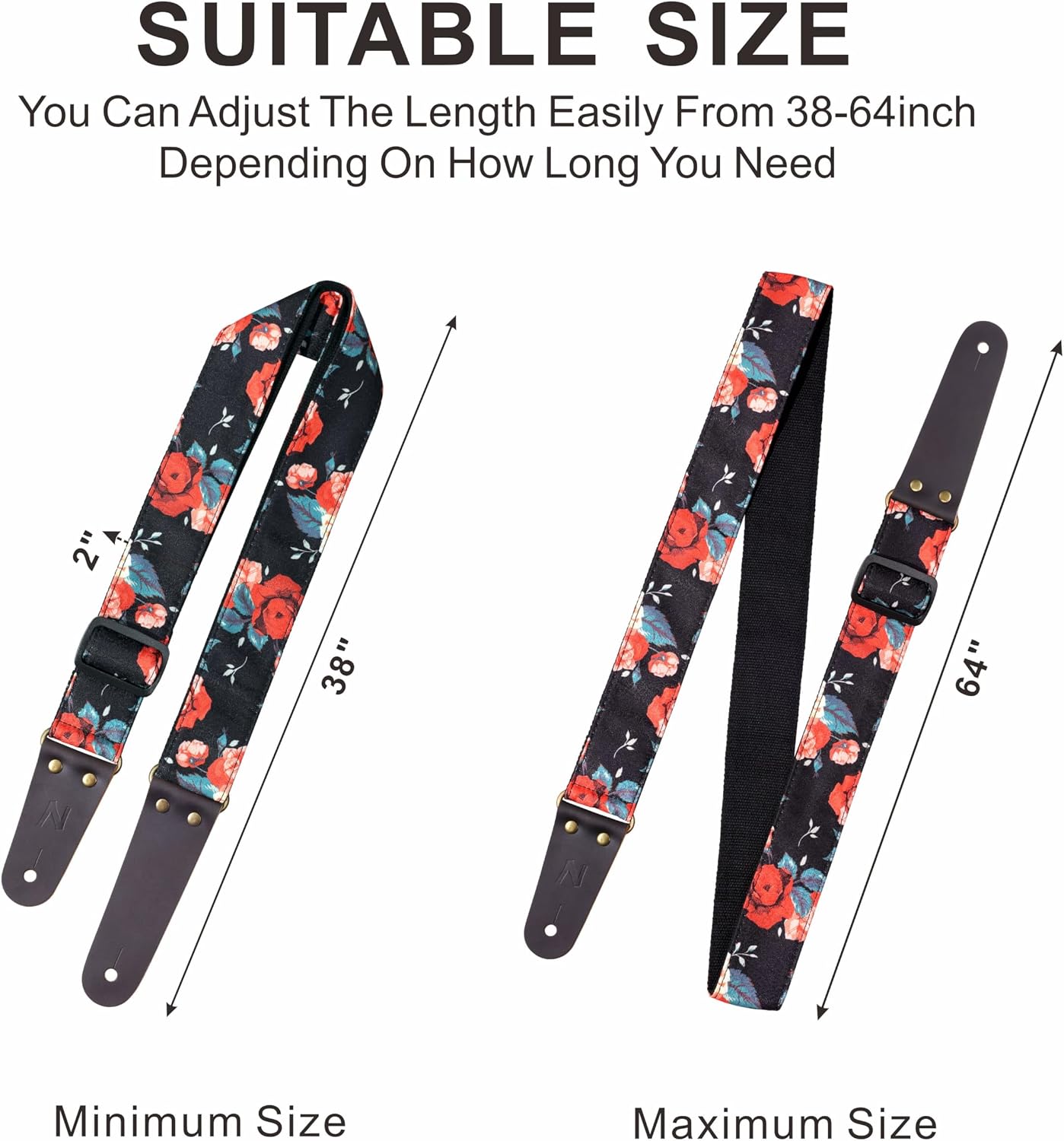 Nefelibata Guitar Strap, Cotton Print Rose Guitar Straps with Head Cowhide Leather Ends for Bass, Electric & Acoustic Guitars, Free Strap Button, 1 Pair Strap Locks and 4 Guitar Picks