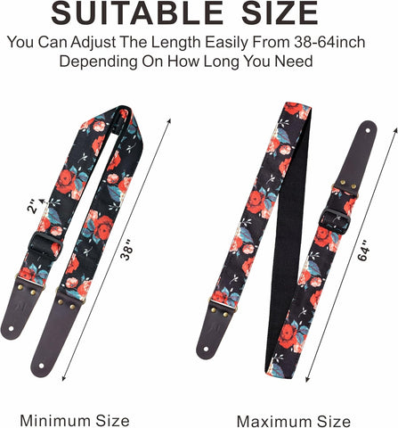 Nefelibata Guitar Strap, Cotton Print Rose Guitar Straps with Head Cowhide Leather Ends for Bass, Electric & Acoustic Guitars, Free Strap Button, 1 Pair Strap Locks and 4 Guitar Picks