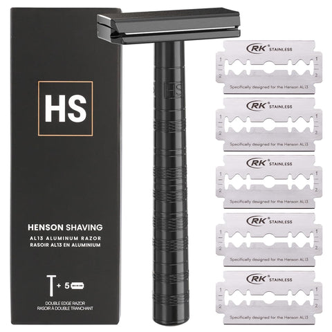 Henson Shaving Razor - Jet Black Double Edge Safety Razor with 5 Spare Blades - 30° Angled Precision With Superior Blade Rigidity- Reusable Single Blade Razors For Men and Women - Mild Aggression