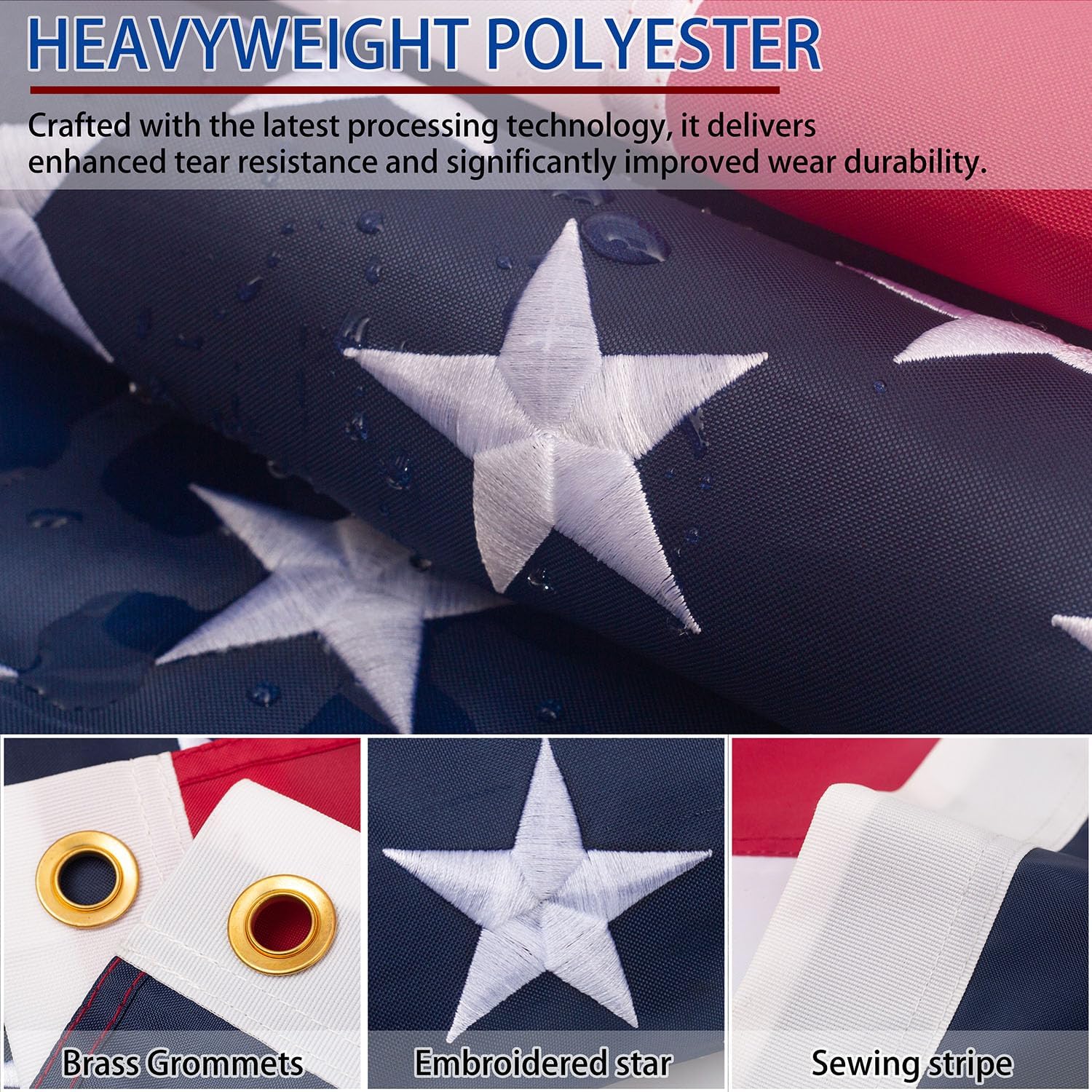 American Flags for Outside 3x5 Ft, Heavy Duty Outdoor US Flag with Waterproof Embroidered Stars, Sewn Stripes & Brass Grommets for High Wind, UV Fade Resistant