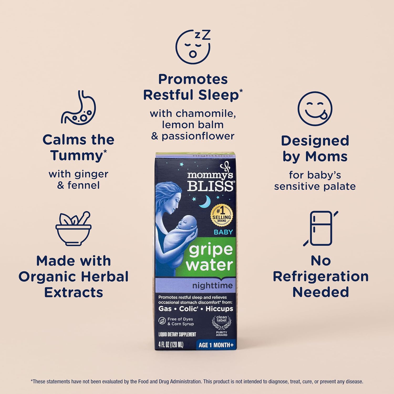 Mommy's Bliss, Bottle, Mommy's Bliss Night Time Gripe Water for Baby's Tummy Trouble - Relieves Occasional Infant Stomach Discomfort from Gas, Colic, Fussiness, Hiccups , 4 Fl Oz