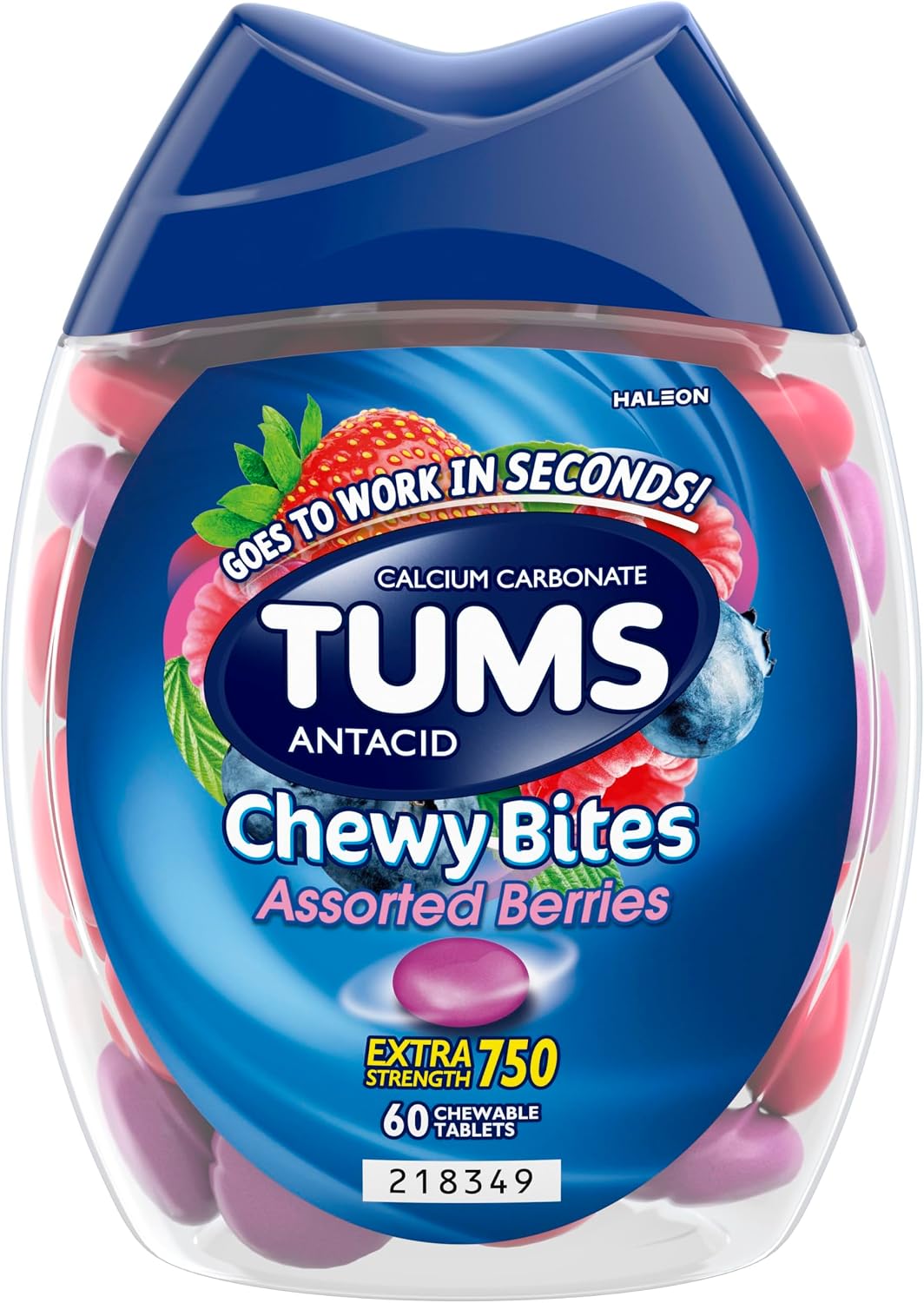 TUMS Chewy Bites Antacid Tablets for Chewable Heartburn Relief and Acid Indigestion Relief, Assorted Berries - 60 Count | Ultra Strength Formula, Neutralizes Acid Instantly for Indigestion and Upset Stomach, Multi-Symptom Relief, Gluten Free