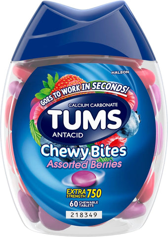 TUMS Chewy Bites Antacid Tablets for Chewable Heartburn Relief and Acid Indigestion Relief, Assorted Berries - 60 Count | Ultra Strength Formula, Neutralizes Acid Instantly for Indigestion and Upset Stomach, Multi-Symptom Relief, Gluten Free