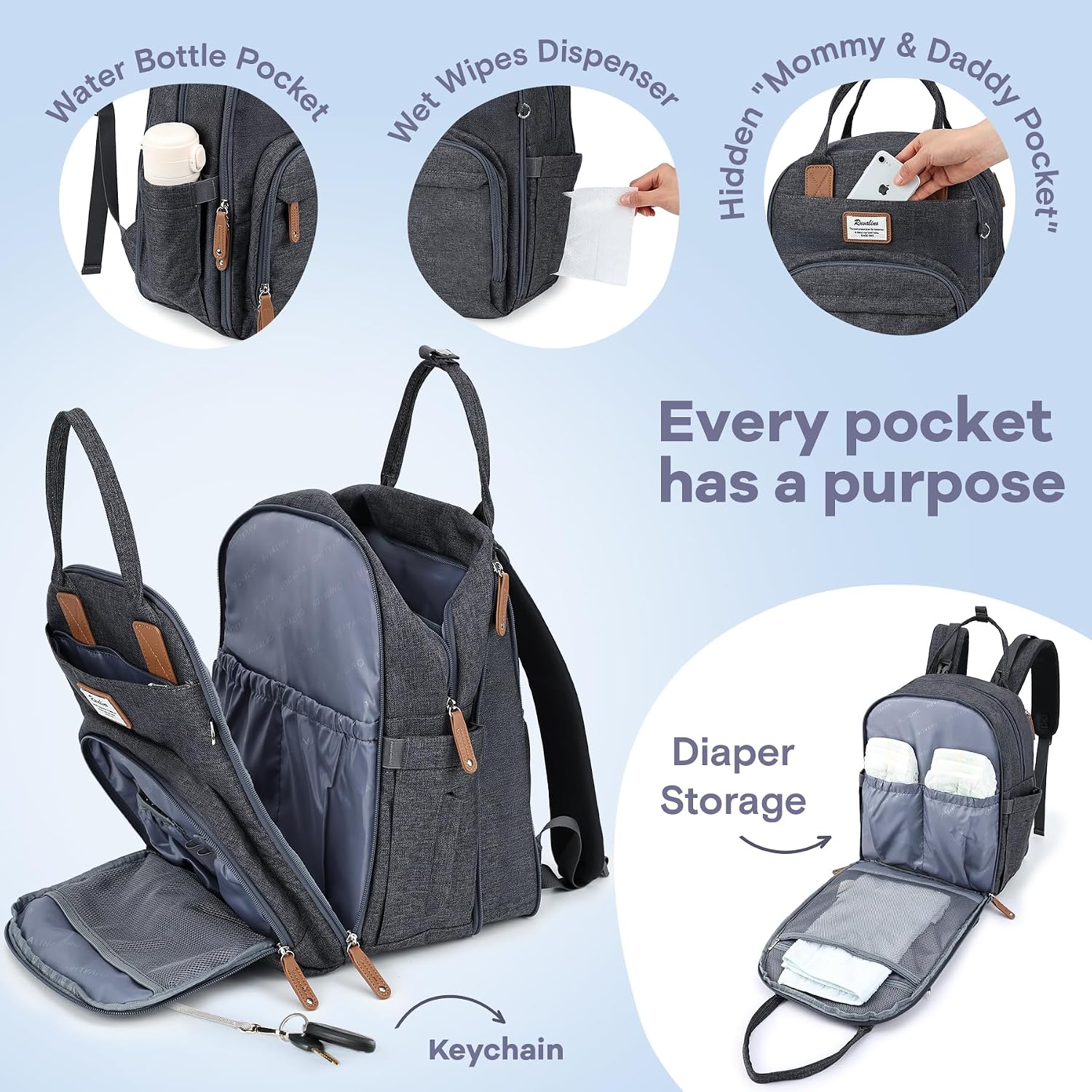RUVALINO Baby Diaper Bag Backpack with Changing Pad, XL Dark Gray