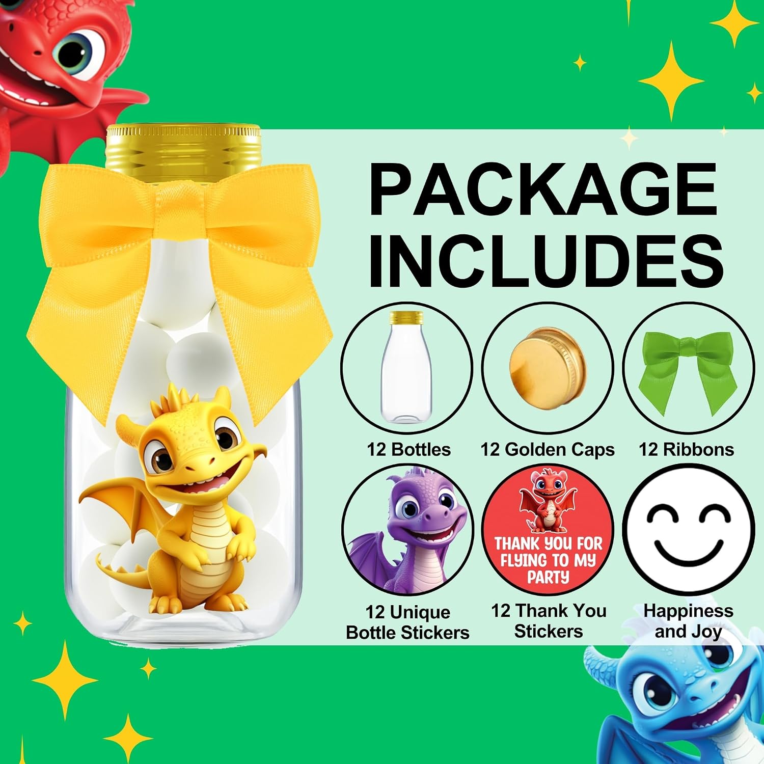 Ethisa Small 12 Pack Baby Dragon Party Favors - Candy Jars with Ribbons and Stickers - DIY Party Decoration Bottle for Birthday and Baby Shower - Egg Container