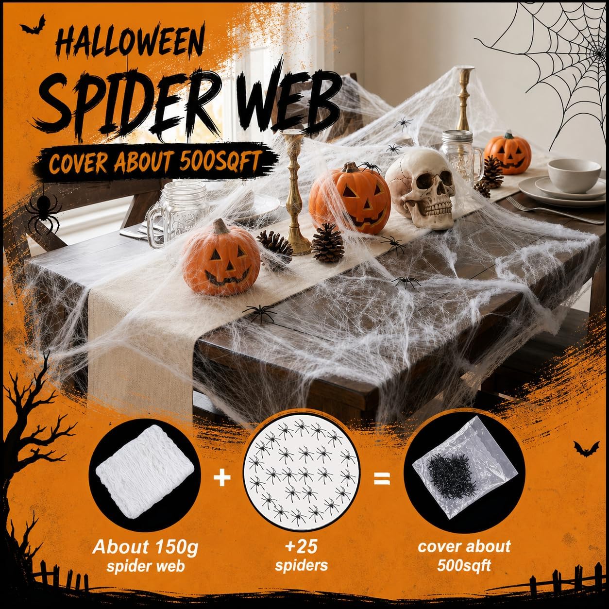 Land Guard 500 sqft Spider Web, Bonus with 25 Artificial Spiders, Fabric Spider Webbing, Cobweb Halloween Decor for Indoor and Outdoor Party Supplies