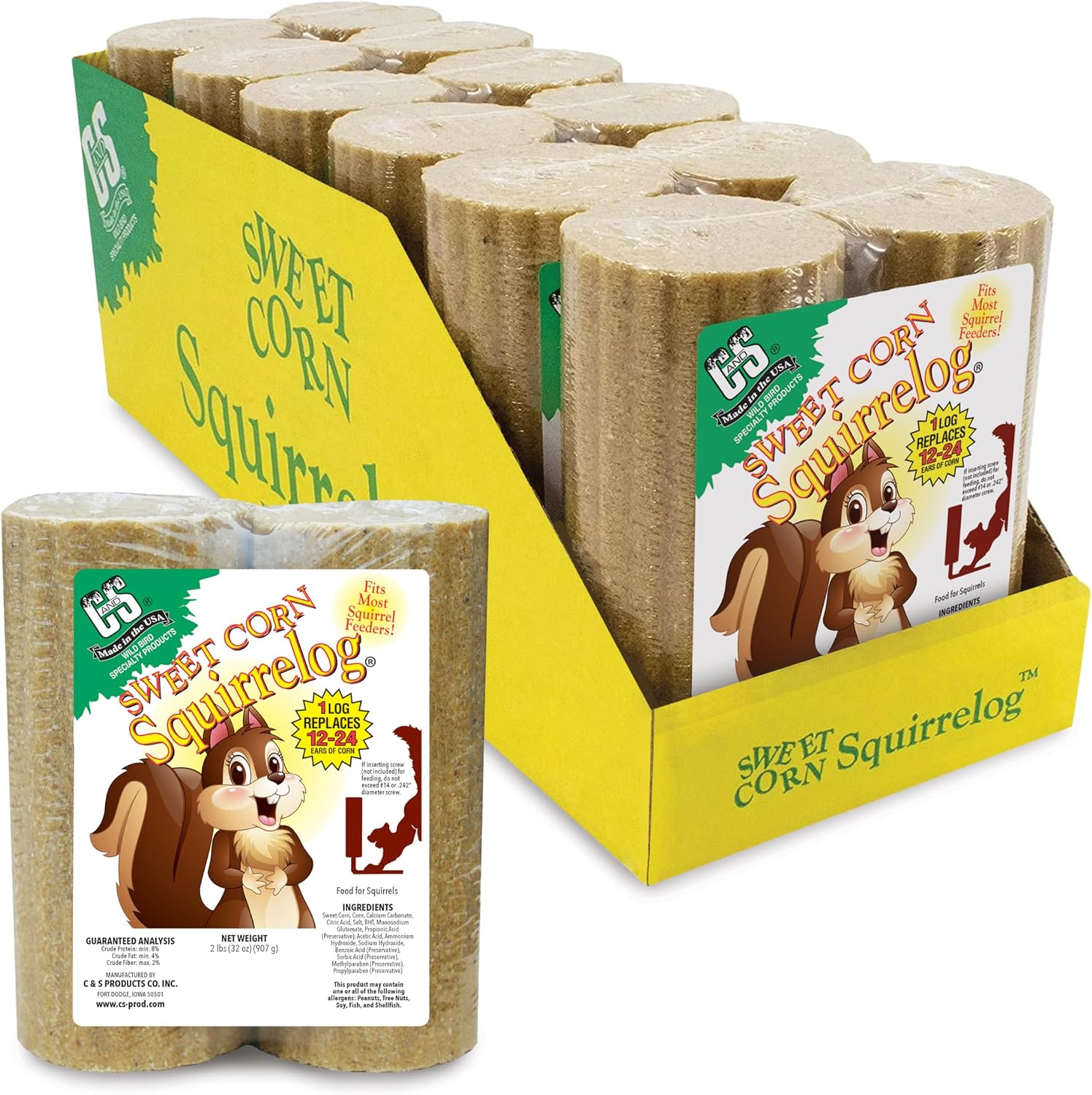 C&S Sweet Corn Squirrelog Refill, Food for Wild Squirrels, 2 Pounds