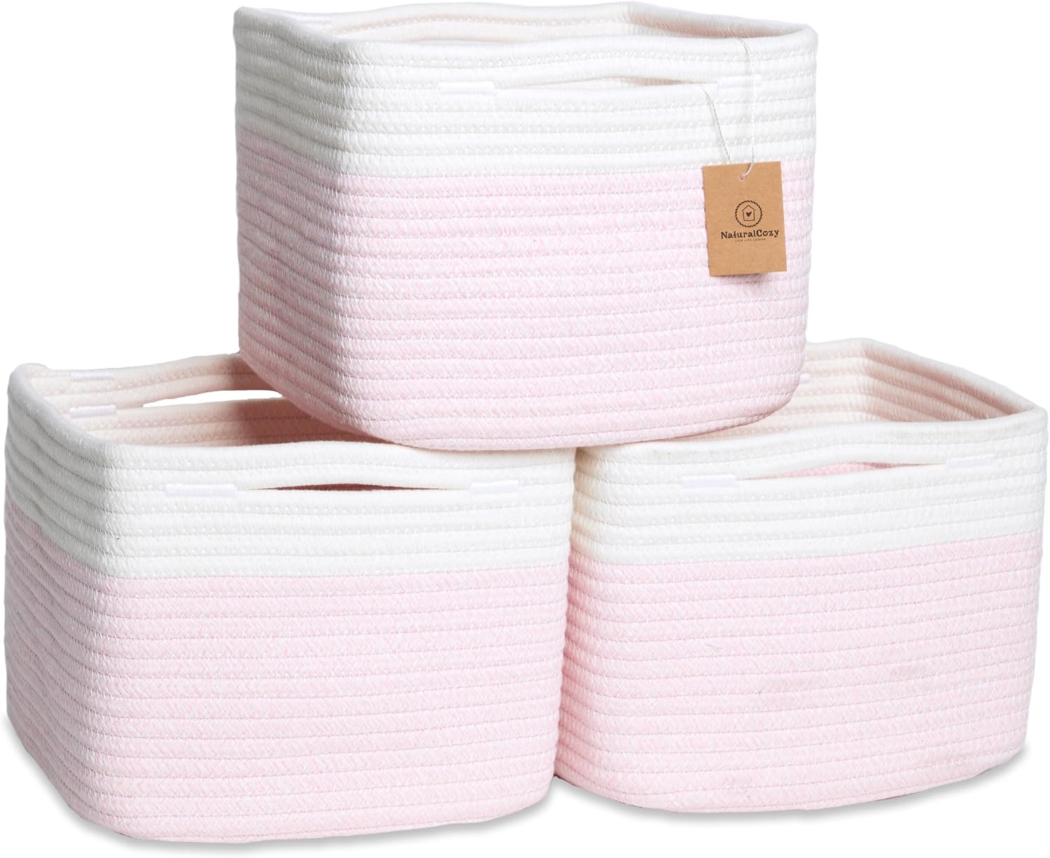 NaturalCozy Storage Cubes 9”x9”x7”Cotton Rope Woven Baskets for Organizing 3-Pack | 9 Inch Cube Storage Bin | Small Basket for Shelf Nursery, Pantry, Decorative Plant, Bathroom Closet, Toy Gift