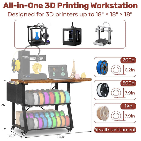 3D Printer Stand with Foldable Desktop & Fabric Drawer – Compact Rolling 3-Tier 3D Printer Table with Power Outlet & X-Bracket Stability for Small Spaces, Home, Workshop