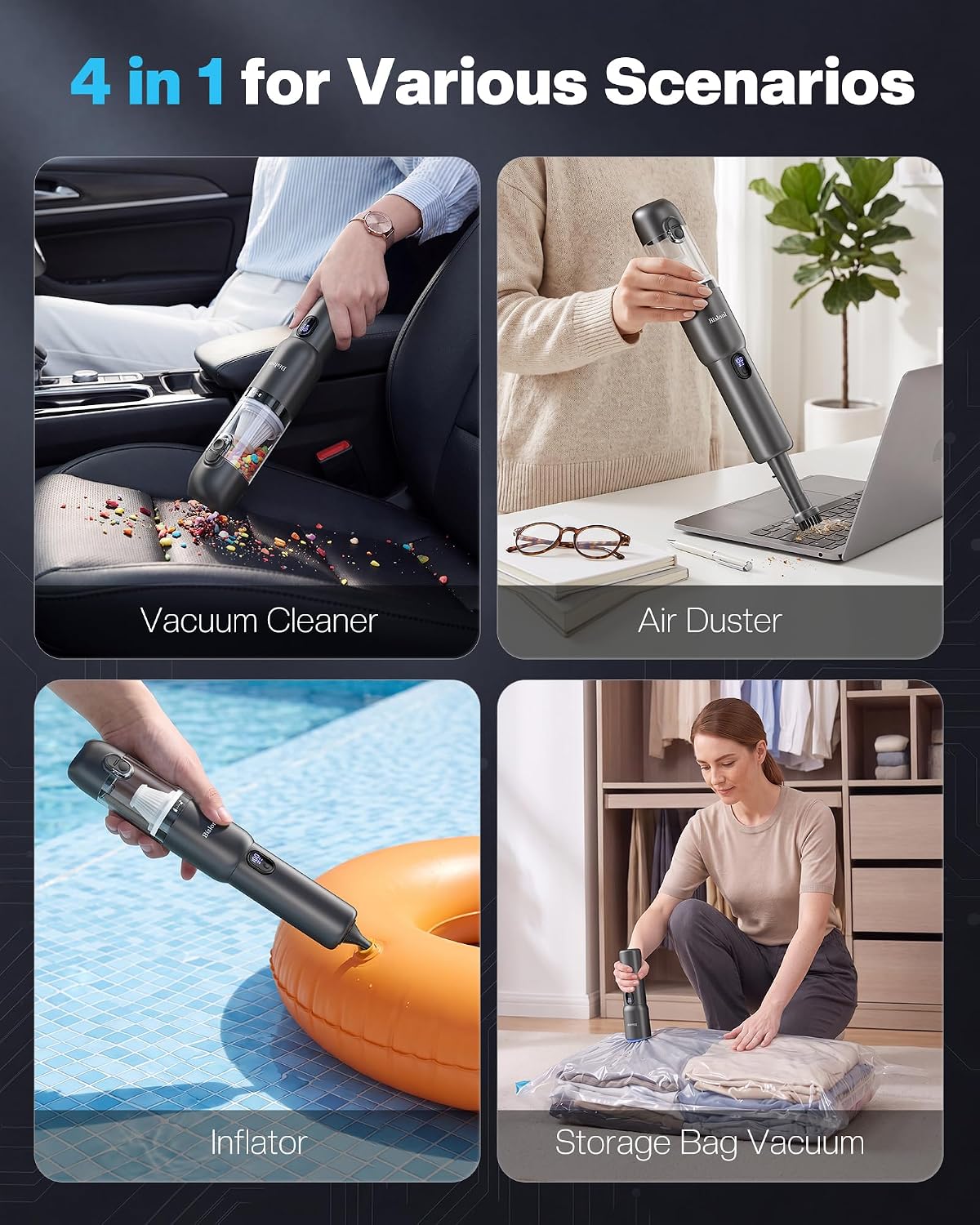 Car Vacuum 4-in-1 Small Handheld Vacuum w/ 20000Pa Suction, Cordless Hand Held Vacuum Rechargeable w/ Power Display, Portable Cordless Mini Car Vacuum with Led Light for Car Home Office Desk Keyboard