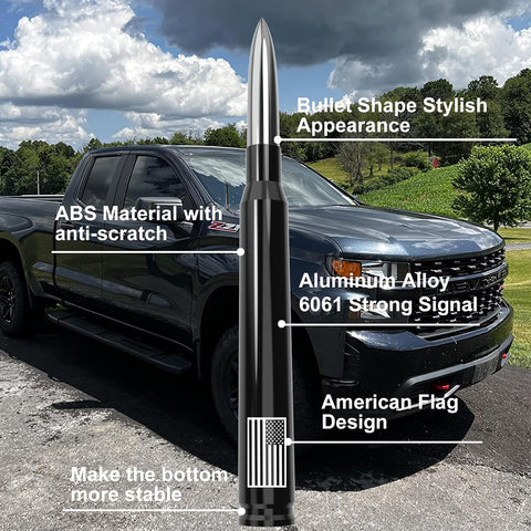 Car Truck Bullet Antenna with Tire Valve Caps American Flag Universal Short Replacement for GMC Sierra Chevy Silverado Dodge Ram 1500 2500 3500 Ford F150 F250 F350 Super Duty Raptor Accessories Silver