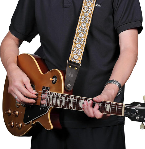Nefelibata Guitar Strap, Embroidered Cotton Guitar Straps with Head Cowhide Leather Ends for Bass, Electric & Acoustic Guitars, Free Strap Button, 1 Pair Strap Locks and 4 Guitar Picks