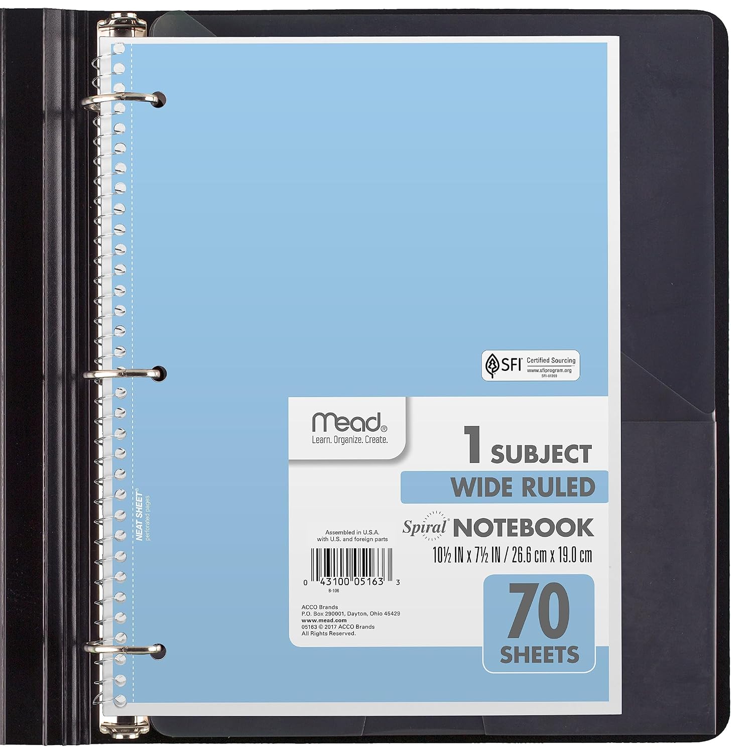 Mead Spiral Notebook, 6 Pack, 1 Subject, Wide Ruled Paper, 7-1/2" x 10-1/2", 70 Sheets per Notebook, Assorted Pastel Colors (930050-ECM)