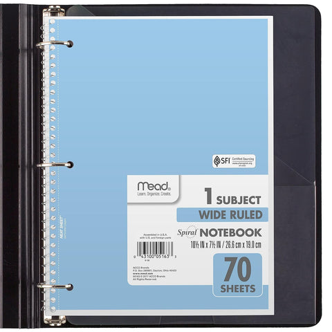 Mead Spiral Notebook, 6 Pack, 1 Subject, Wide Ruled Paper, 7-1/2" x 10-1/2", 70 Sheets per Notebook, Assorted Pastel Colors (930050-ECM)