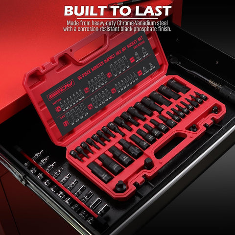 Hex Bit Impact Socket Set: 36-Piece with 4 Adapters, 1/4" 3/8" 1/2" Drive Master Allen Impact Socket Set, SAE and Metric, H5-H19 & 3/4"-5/64", Heavy Duty Storage Case, Automotive Mechanic