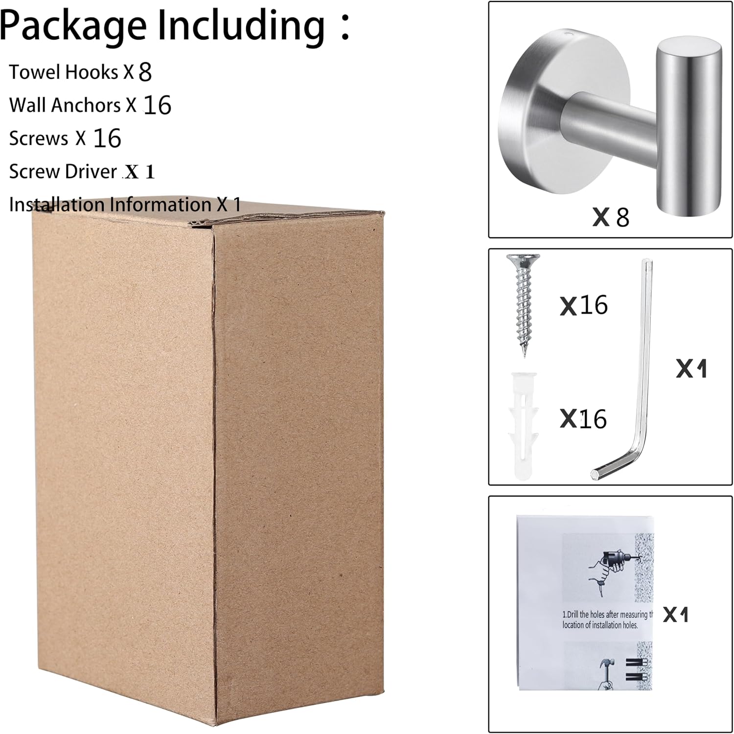 8 Pcs Silver Bathroom Towel Hook Robe Towel Hooks Coat Wall Hook Stainless Steel Heavy Duty Door Hanger Towel Robe Clothes Cabinet Closet Sponges Hook for Bathroom Bedroom Kitchen Hotel Pool