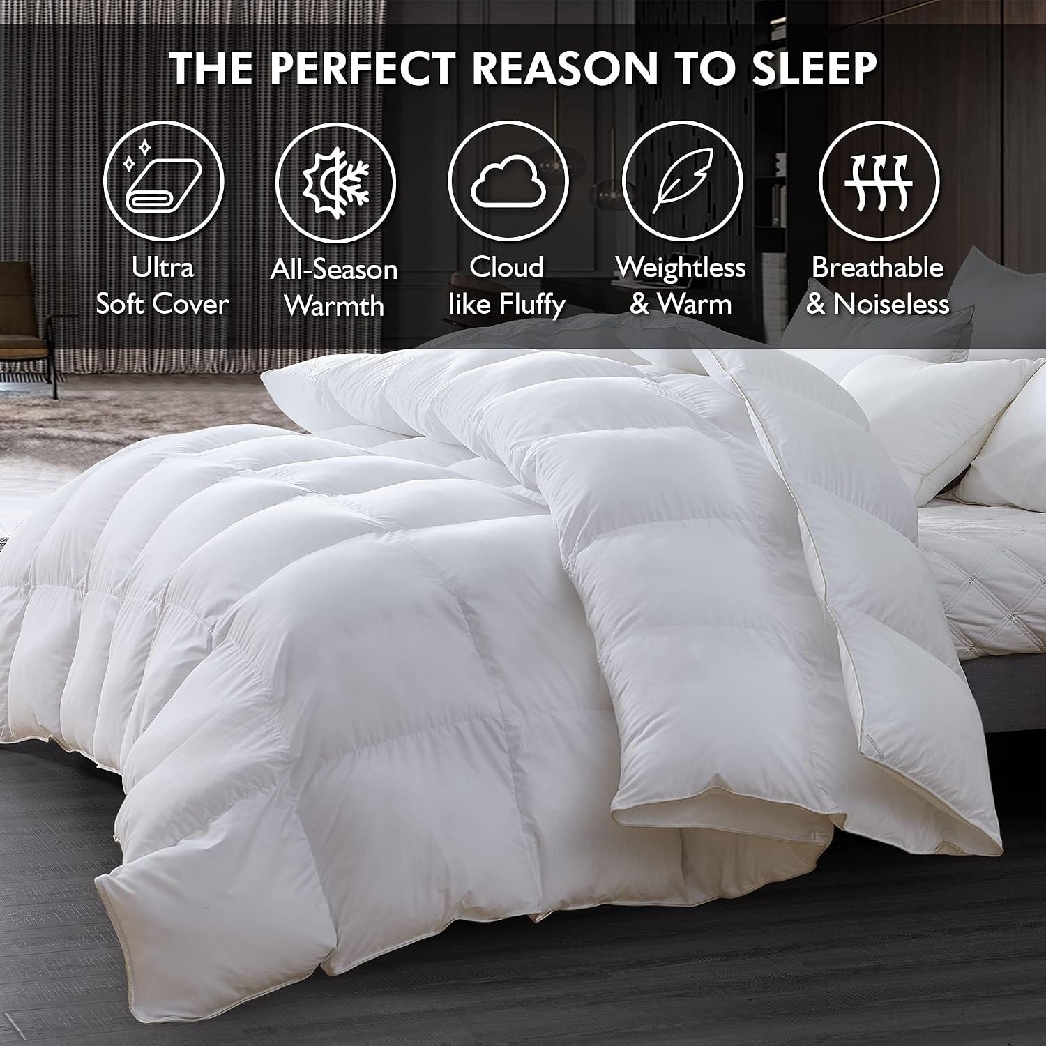 Luxurious King/Oversized King 108" x 98" Size Goose Down Fiber Waterfowl Feather Fiber Comforter Duvet, 100% Egyptian Cotton Cover, 65 oz. Fill Weight, Baffle Box Design, White Solid